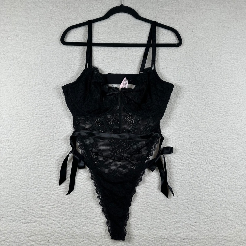 NWT Victoria's Secret Teddy Lace Corset Bodysuit XXL Black Lingerie Coquette